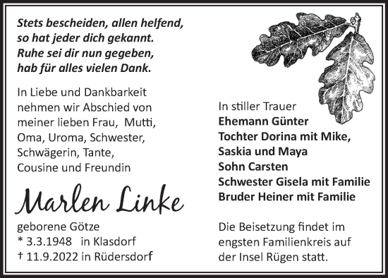 Traueranzeige von Marlen Linke von Märkische Oderzeitung