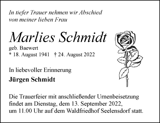 Traueranzeige von Marlies Schmidt von Märkische Oderzeitung