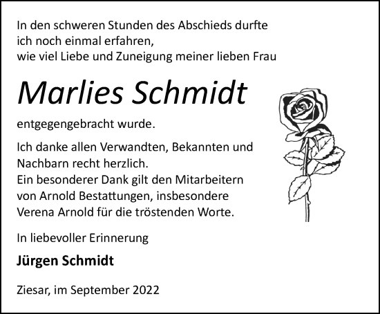 Traueranzeige von Marlies Schmidt von Märkische Oderzeitung