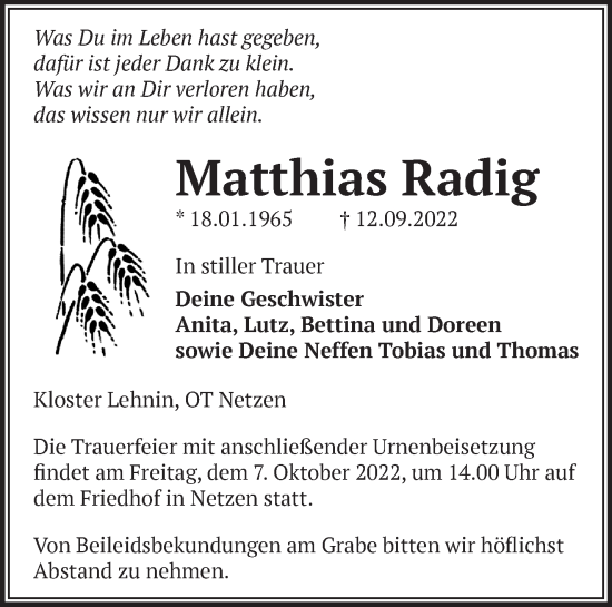 Traueranzeige von Matthias Radig von Märkische Oderzeitung