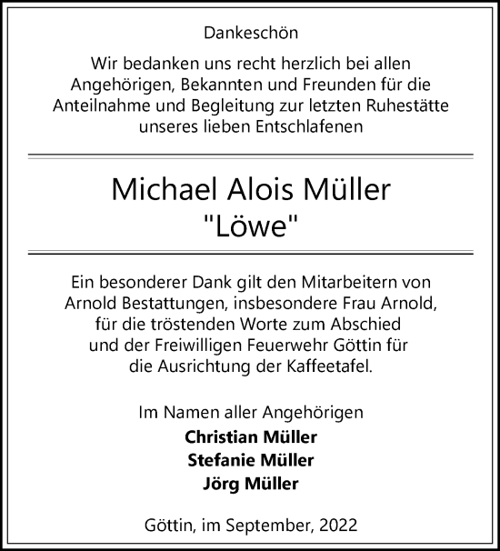 Traueranzeige von Michael Alois Müller von Märkische Oderzeitung