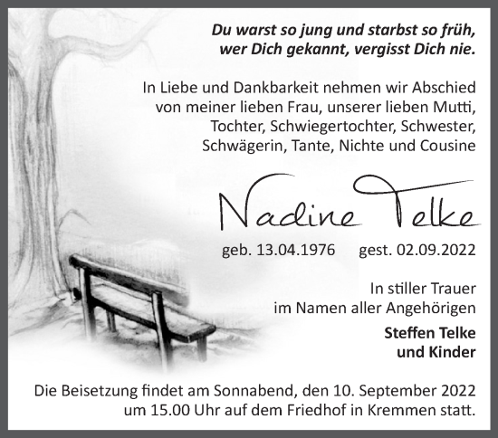 Traueranzeige von Nadine Telke von Märkische Oderzeitung