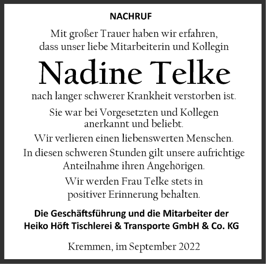 Traueranzeige von Nadine Telke von Märkische Oderzeitung