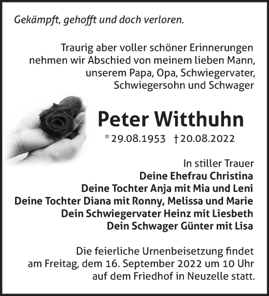 Traueranzeige von Peter Witthuhn von Märkische Oderzeitung