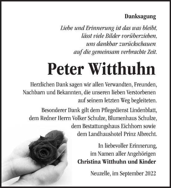 Traueranzeige von Peter Witthuhn von Märkische Oderzeitung