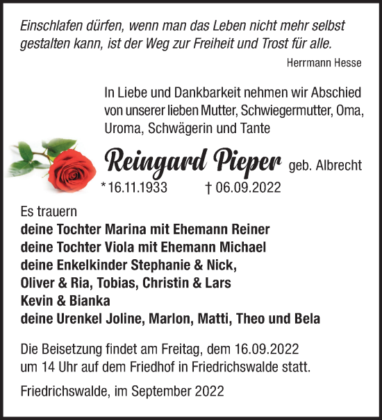 Traueranzeige von Reingard Pieper von Märkische Oderzeitung