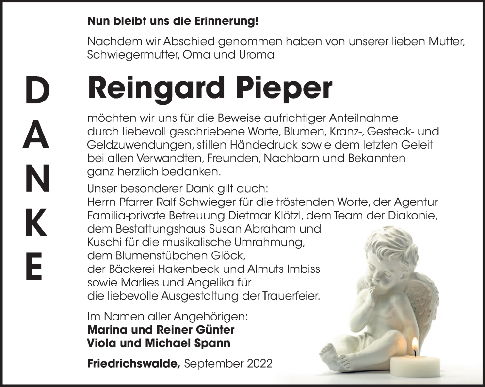  Traueranzeige für Reingard Pieper vom 23.09.2022 aus Märkische Oderzeitung