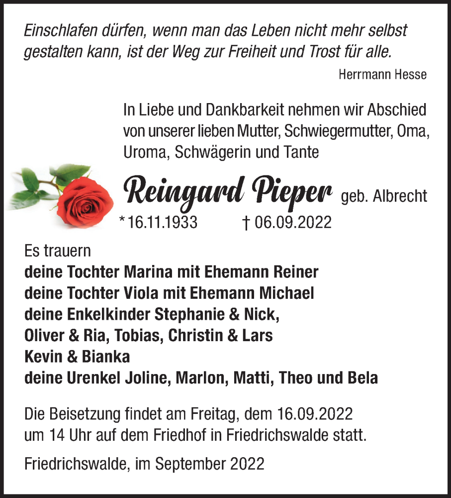  Traueranzeige für Reingard Pieper vom 09.09.2022 aus Märkische Oderzeitung