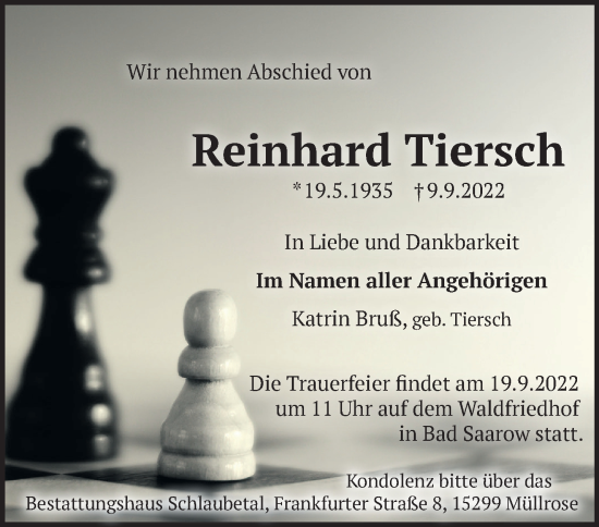 Traueranzeige von Reinhard Tiersch von Märkische Oderzeitung