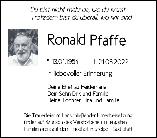 Traueranzeige von Ronald Pfaffe von Märkische Oderzeitung