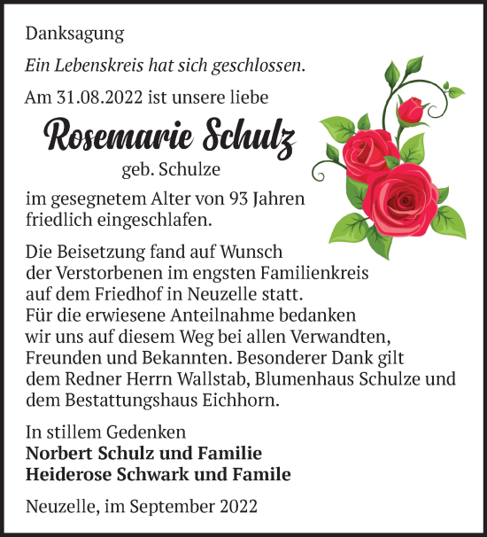 Traueranzeige von Rosemarie Schulz von Märkische Oderzeitung