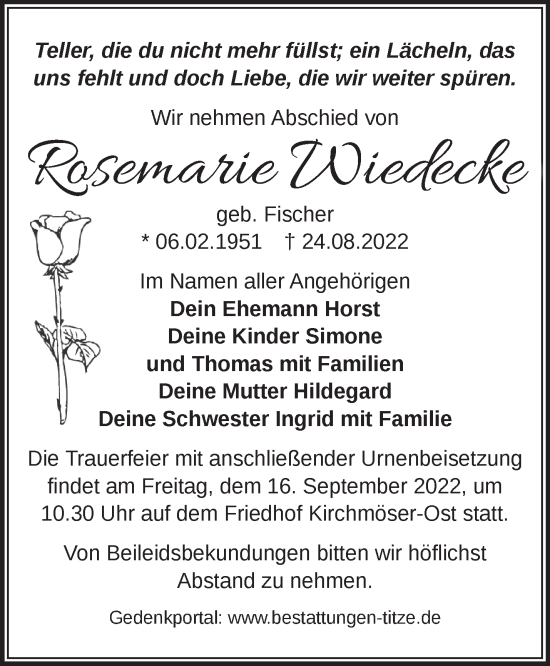 Traueranzeige von Rosemarie Wiedecke von Märkische Oderzeitung