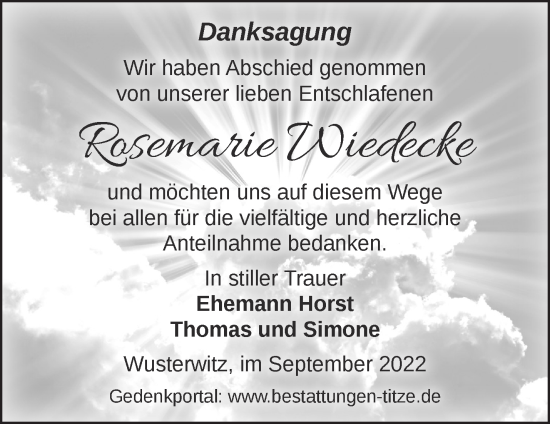 Traueranzeige von Rosemarie Wiedecke von Märkische Oderzeitung