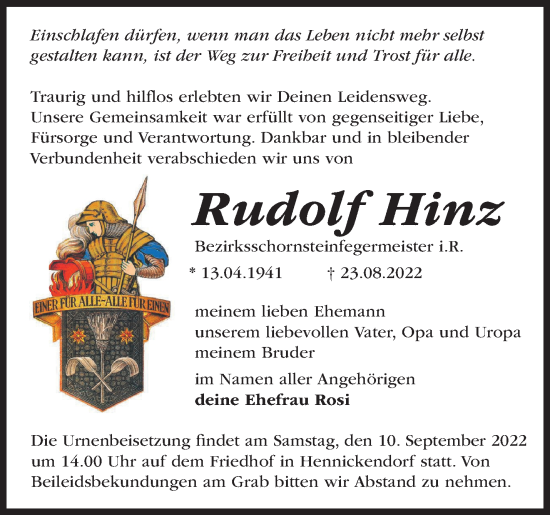 Traueranzeige von Rudolf Hinz von Märkische Oderzeitung