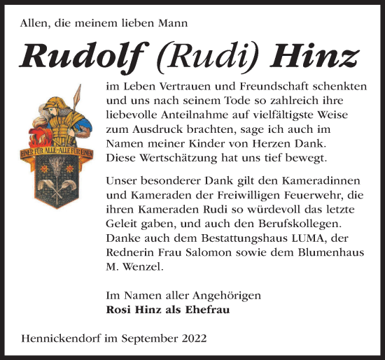 Traueranzeige von Rudolf Hinz von Märkische Oderzeitung