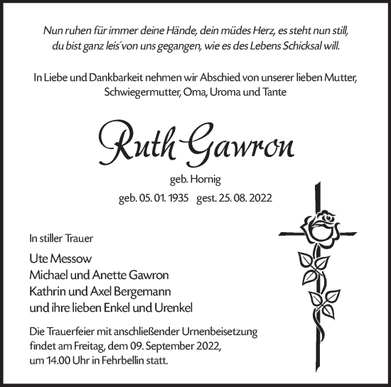 Traueranzeige von Ruth Gawron von Märkische Oderzeitung