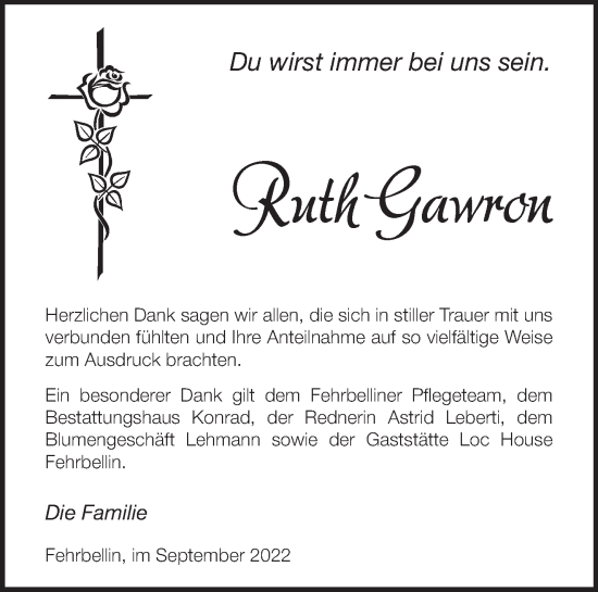 Traueranzeige von Ruth Gawron von Märkische Oderzeitung