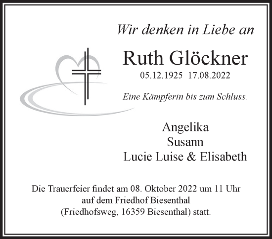 Traueranzeige von Ruth Glöckner von Märkische Oderzeitung