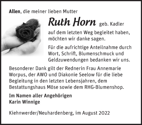 Traueranzeige von Ruth Horn von Märkische Oderzeitung