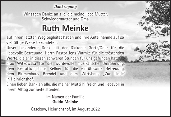 Traueranzeige von Ruth Meinke von Märkische Oderzeitung