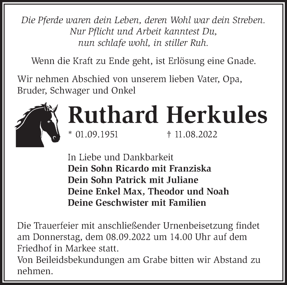  Traueranzeige für Ruthard Herkules vom 04.09.2022 aus Märkische Oderzeitung