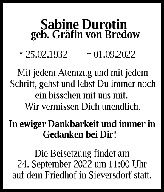 Traueranzeige von Sabine Durotin von Märkische Oderzeitung