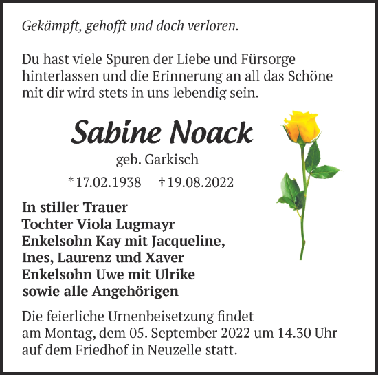 Traueranzeige von Sabine Noack von Märkische Oderzeitung