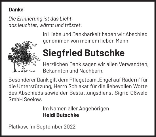 Traueranzeige von Siegfried Butschke von Märkische Oderzeitung