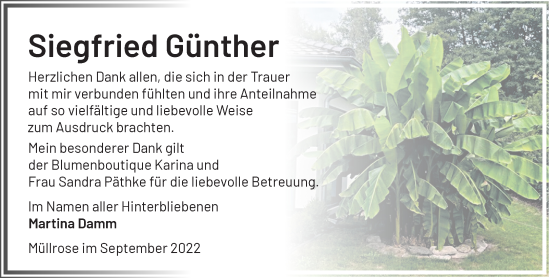 Traueranzeige von Siegfried Günther von Märkische Oderzeitung