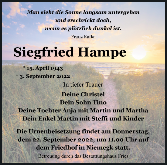 Traueranzeige von Siegfried Hampe von Märkische Oderzeitung