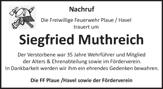 Traueranzeige von Siegfried Muthreich von Märkische Oderzeitung