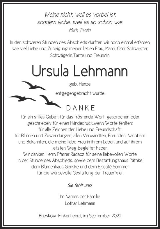 Traueranzeige von Ursula Lehmann von Märkische Oderzeitung