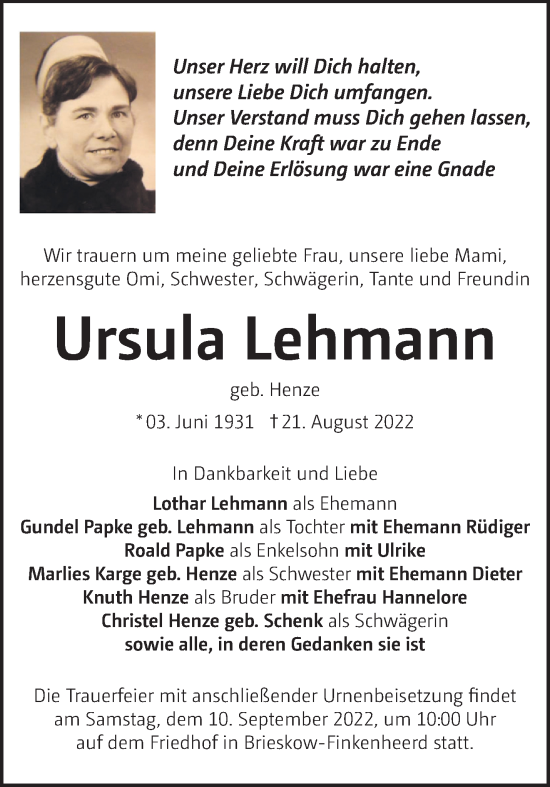 Traueranzeige von Ursula Lehmann von Märkische Oderzeitung