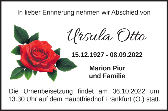 Traueranzeige von Ursula Otto von Märkische Oderzeitung