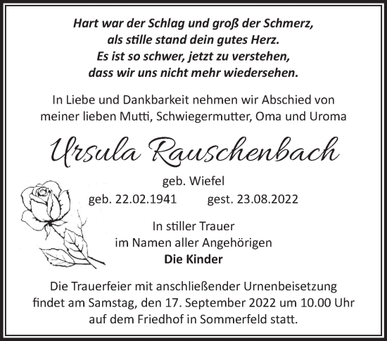 Traueranzeige von Ursula Rauschenbach von Märkische Oderzeitung