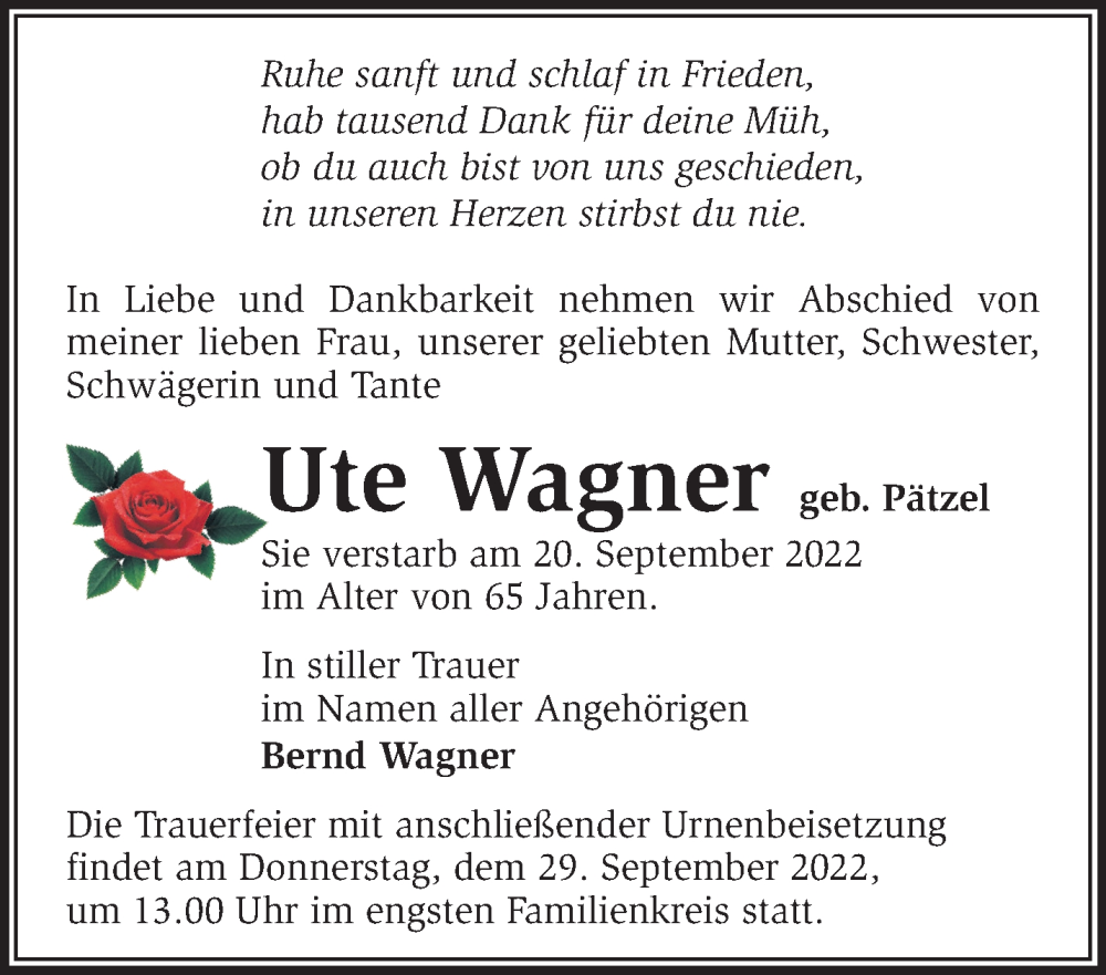  Traueranzeige für Ute Wagner vom 24.09.2022 aus Märkische Oderzeitung