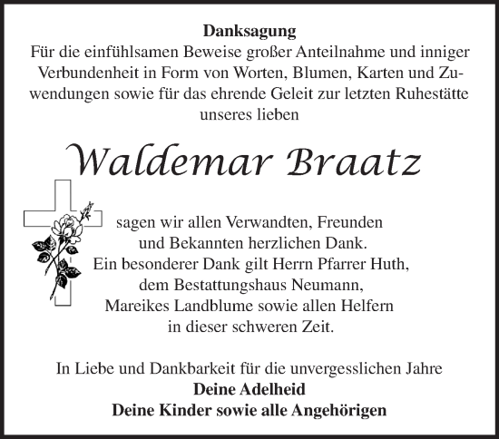 Traueranzeige von Waldemar Braatz von Märkische Oderzeitung