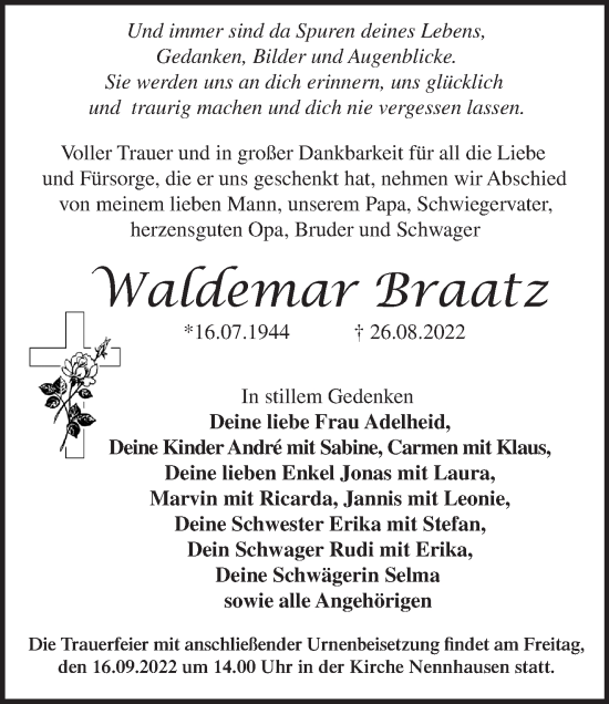 Traueranzeige von Waldemar Braatz von Märkische Oderzeitung