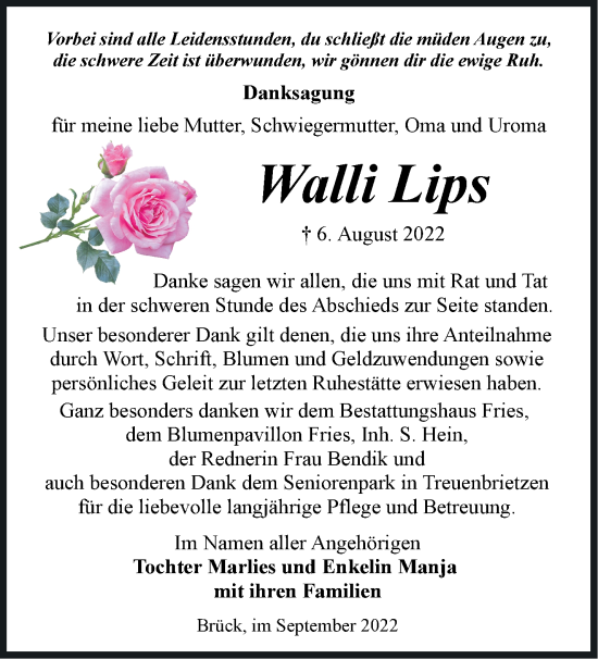 Traueranzeige von Walli Lips von Märkische Oderzeitung