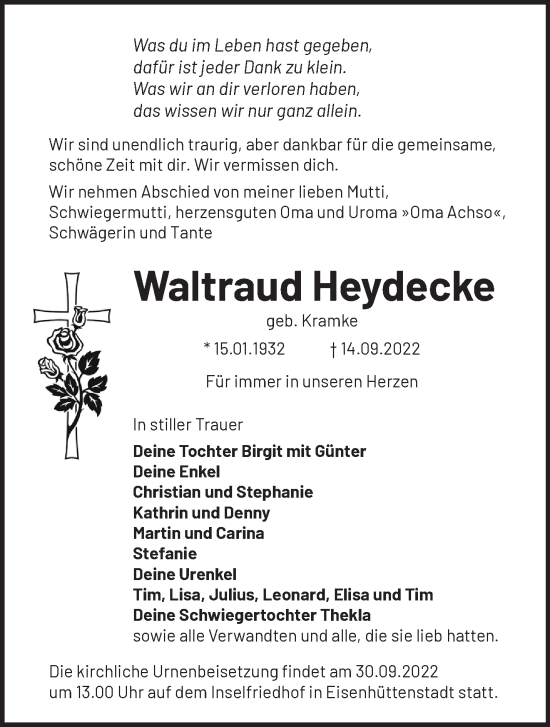 Traueranzeige von Waltraud Heydecke von Märkische Oderzeitung