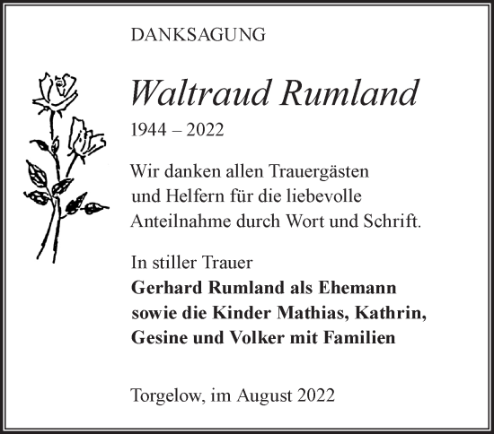 Traueranzeige von Waltraud Rumland von Märkische Oderzeitung