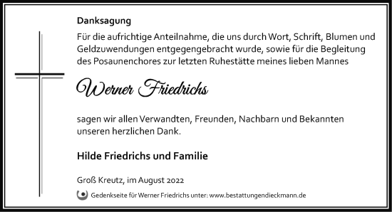 Traueranzeige von Werner Friedrichs von Märkische Oderzeitung