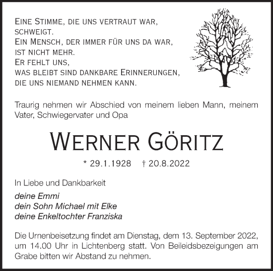 Traueranzeige von Werner Göritz von Märkische Oderzeitung