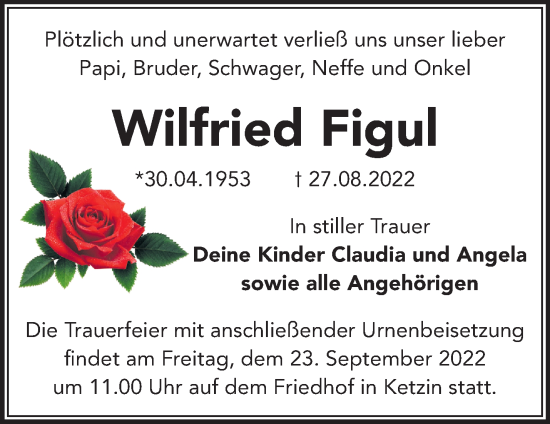 Traueranzeige von Wilfried Figul von Märkische Oderzeitung