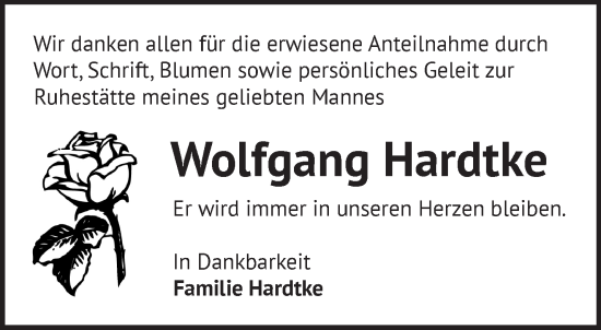 Traueranzeige von Wolfgang Hardtke von Märkische Oderzeitung