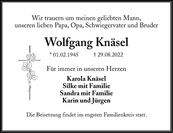 Traueranzeige von Wolfgang Knäsel von Märkische Oderzeitung