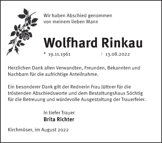 Traueranzeige von Wolfhard Rinkau von Märkische Oderzeitung