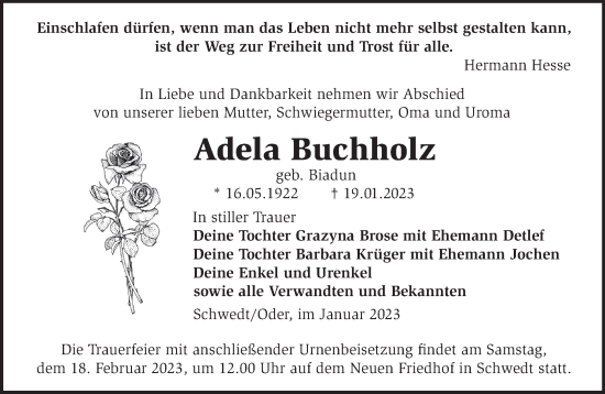 Traueranzeige von Adela Buchholz von Märkische Oderzeitung