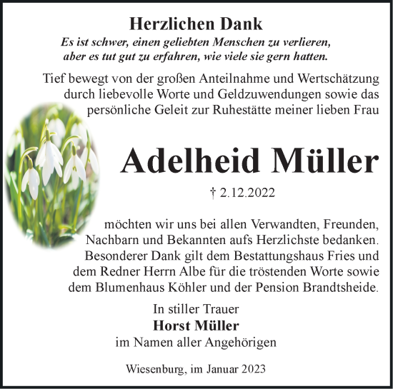 Traueranzeige von Adelheid Müller von Märkische Oderzeitung