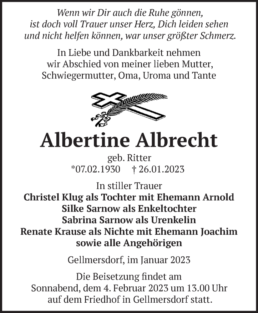  Traueranzeige für Albertine Albrecht vom 31.01.2023 aus Märkische Oderzeitung